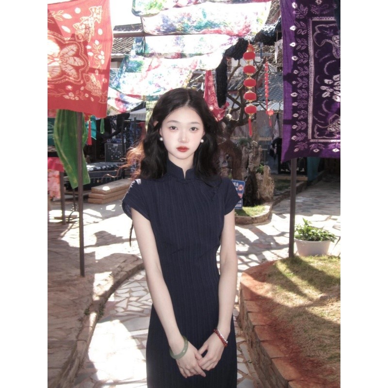 [Warna Wanita][COD] Dress Cheongsam Bergaris Kerah Berdiri Biru Navy Wanita Terbaru