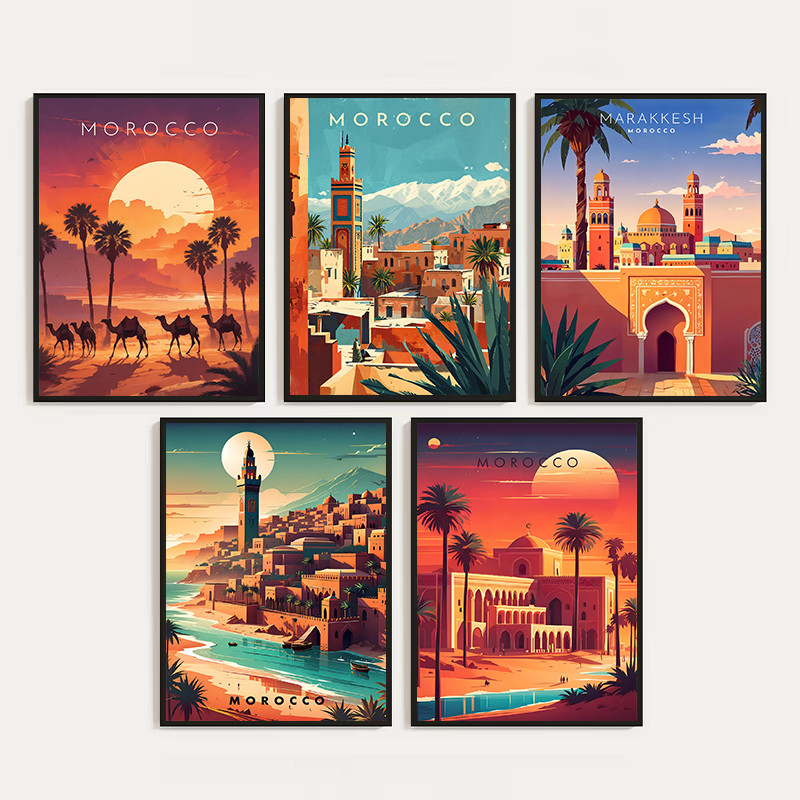 

Retro Abstract Morocco City Moroccan Desert Landscape Marrakech Travel Nordic Poster Canvas Painting Wall Pictures Home Decor