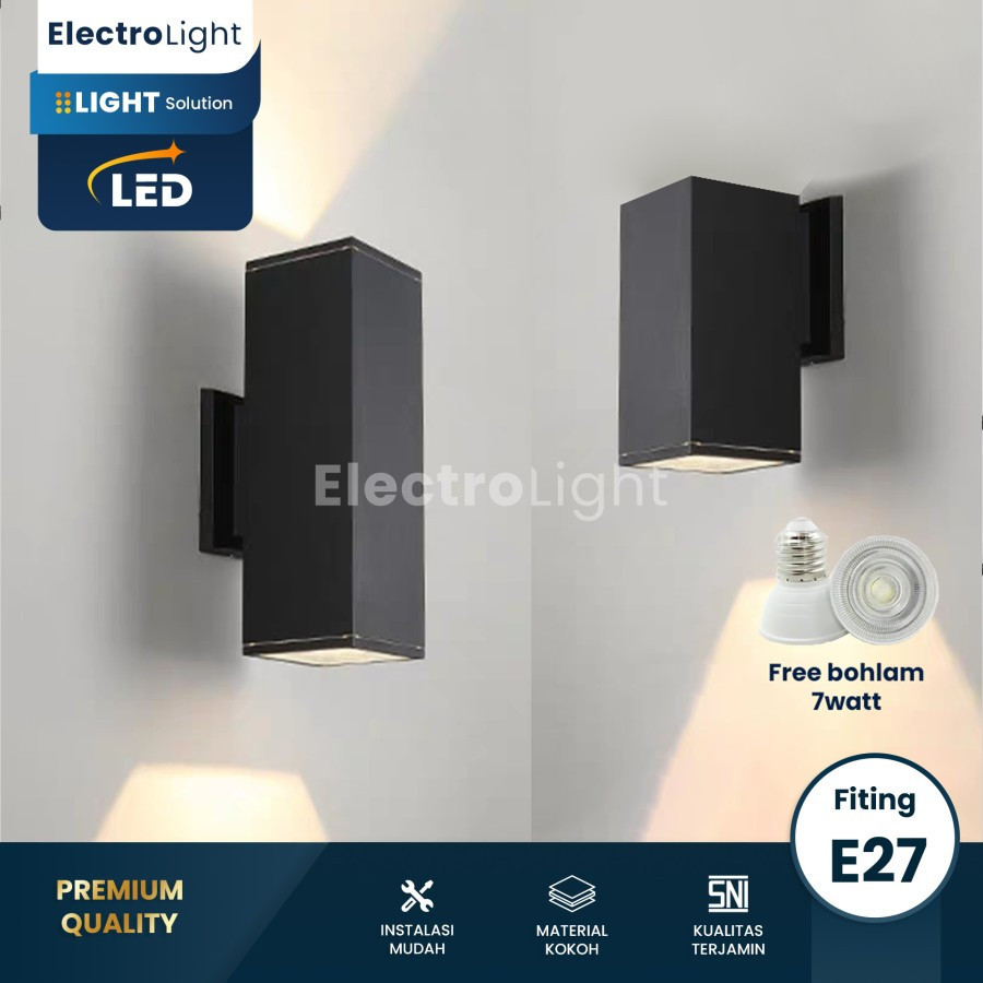 Lampu dinding outdoor taman waterproof kotak 1 arah 2 arah LED fiting E27 hitam aluminium hias tembo