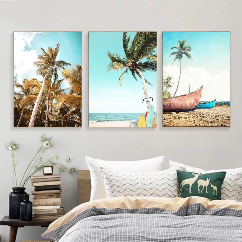 

Nordic Sea View Poster Coconut Tree Canvas Art Painting BeachSurfboard Boat Poster Conch Printing Picture Living Room Decoration