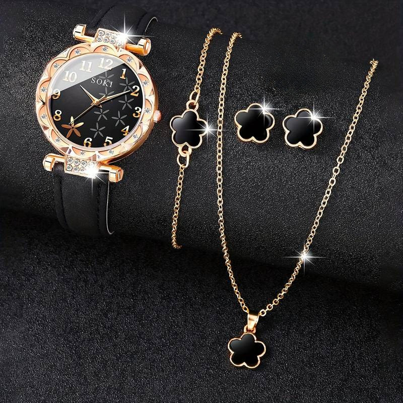 5PCS Set Jam Tangan Wanita Elegan Jam Tangan Kuarsa Set dan Perhiasan Mode Jam Tangan Bulat Set Kalu