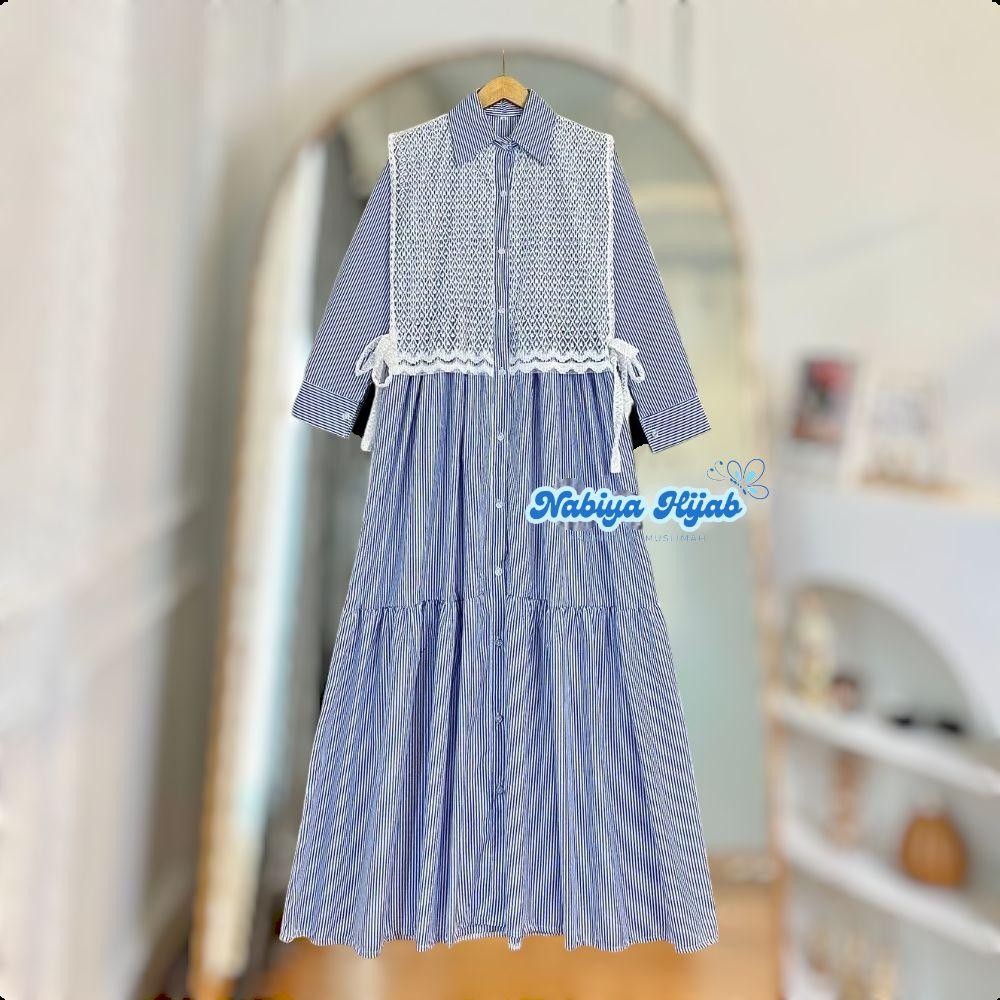 S M L XL XXL Kania Gamis Dress Katun Salur Mix Vest Brokat Wanita Remaja Kekinian Jumbo Ld 120 - 92 