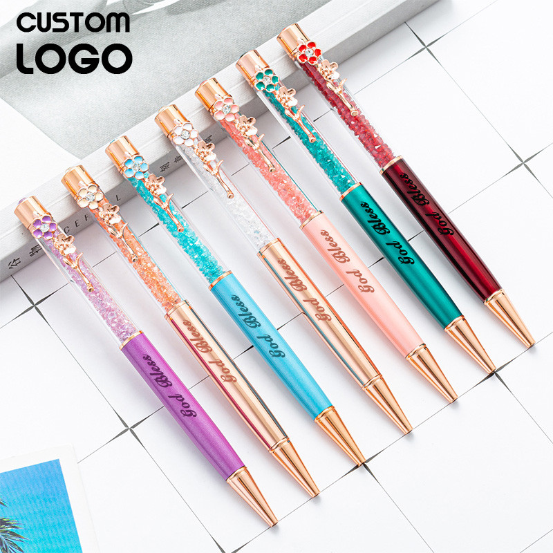 

Customized Logo Crystal Diamond Ballpoint Pen Flower Decoration Colored Metal Pen Office Stationery School Supplies Teacher Gift