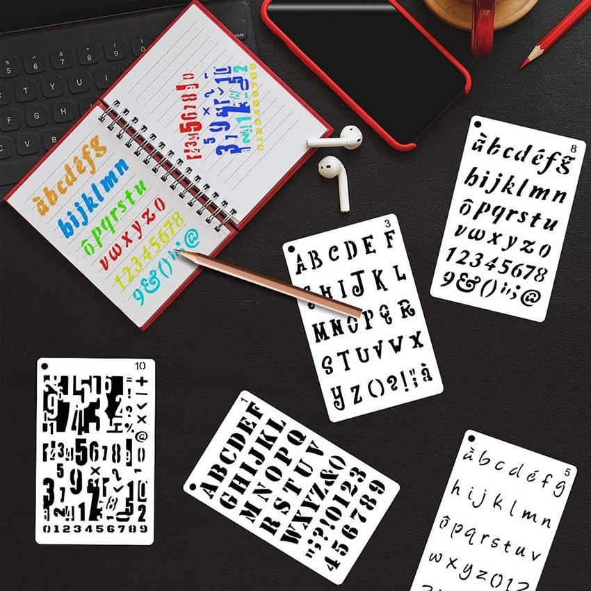 

12 Lembar Penggaris Cetakan Huruf Angka Penggaris Sablon Stensil Huruf Alfabet Lettering Stencil Set