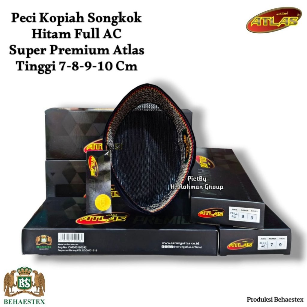 Peci Hitam Atlas Motif Full AC | Peci Songkok Hitam Atlas FullAC | Songkok Hitam Atlas Super Premium