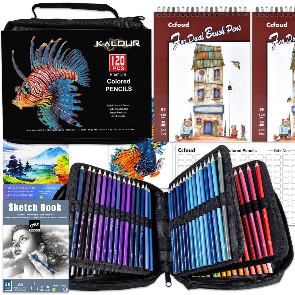 

Art Supplies 72/120 Coloring Pencils Set with Sketchbook & Drawing book, Oil-based Colored For Adult Artists,In Zipper Case