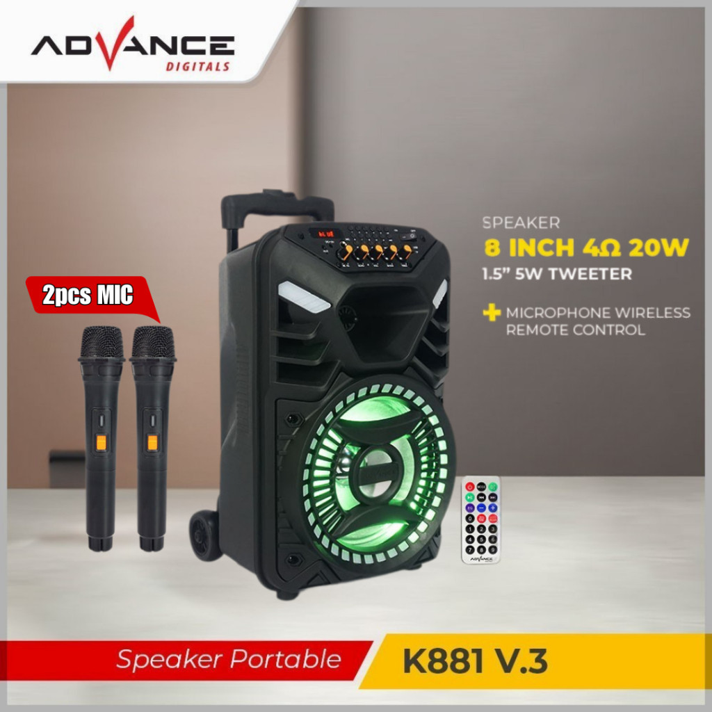 2mic Advance Speaker Bluetooth Karaoke Portable +mic Wireless 8inch 881-2mic