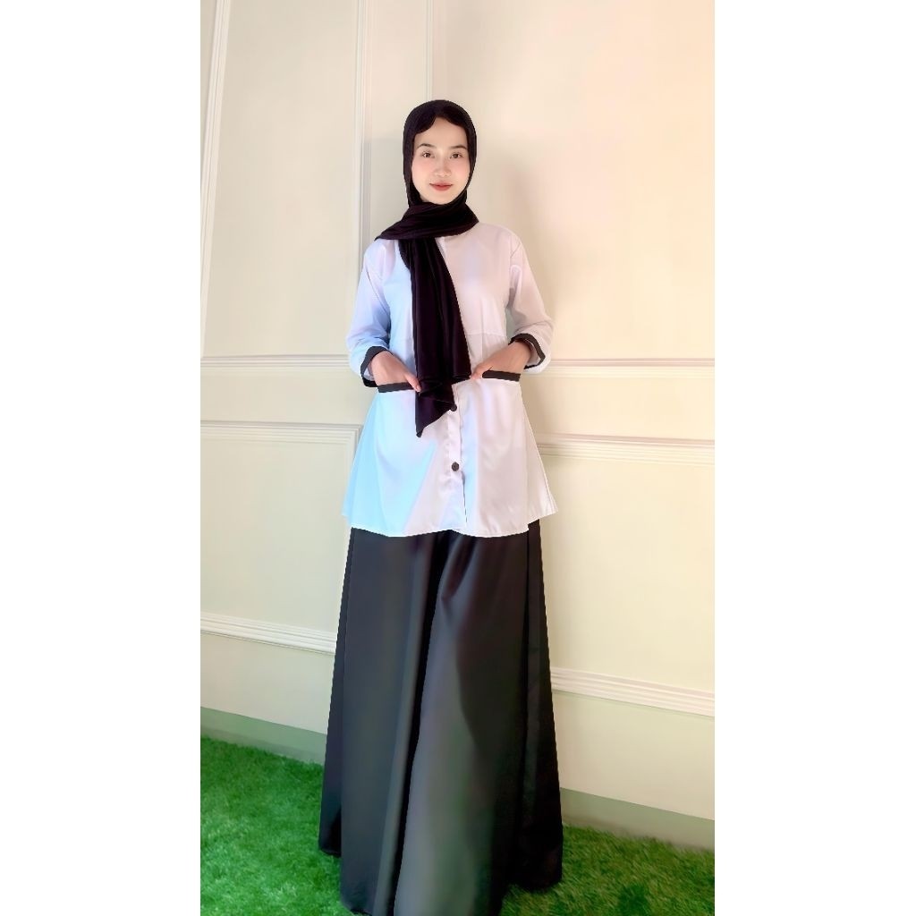 DIKASHOP GAMIS HITAM PUTIH SETELAN SAKU DEPAN Toyobo original ( PH ) baju kantoran / seragam kerja