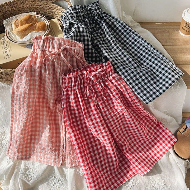 Celana lebar anak perempuan, motif kotak-kotak, kain katun lembut, longgar, nyaman dipakai sehari-ha