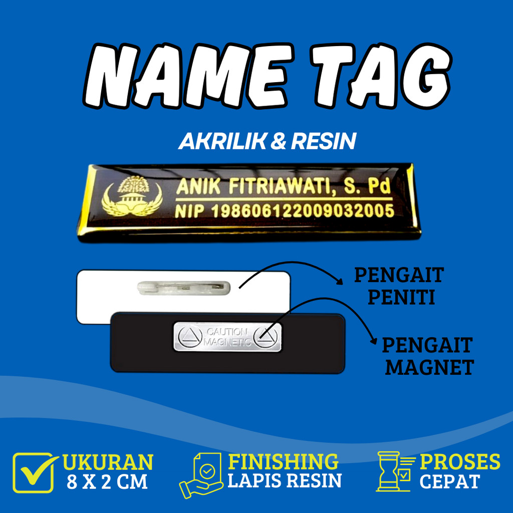 Name Tag Nama Dada Akrilik Magnet Peniti Gold Silver