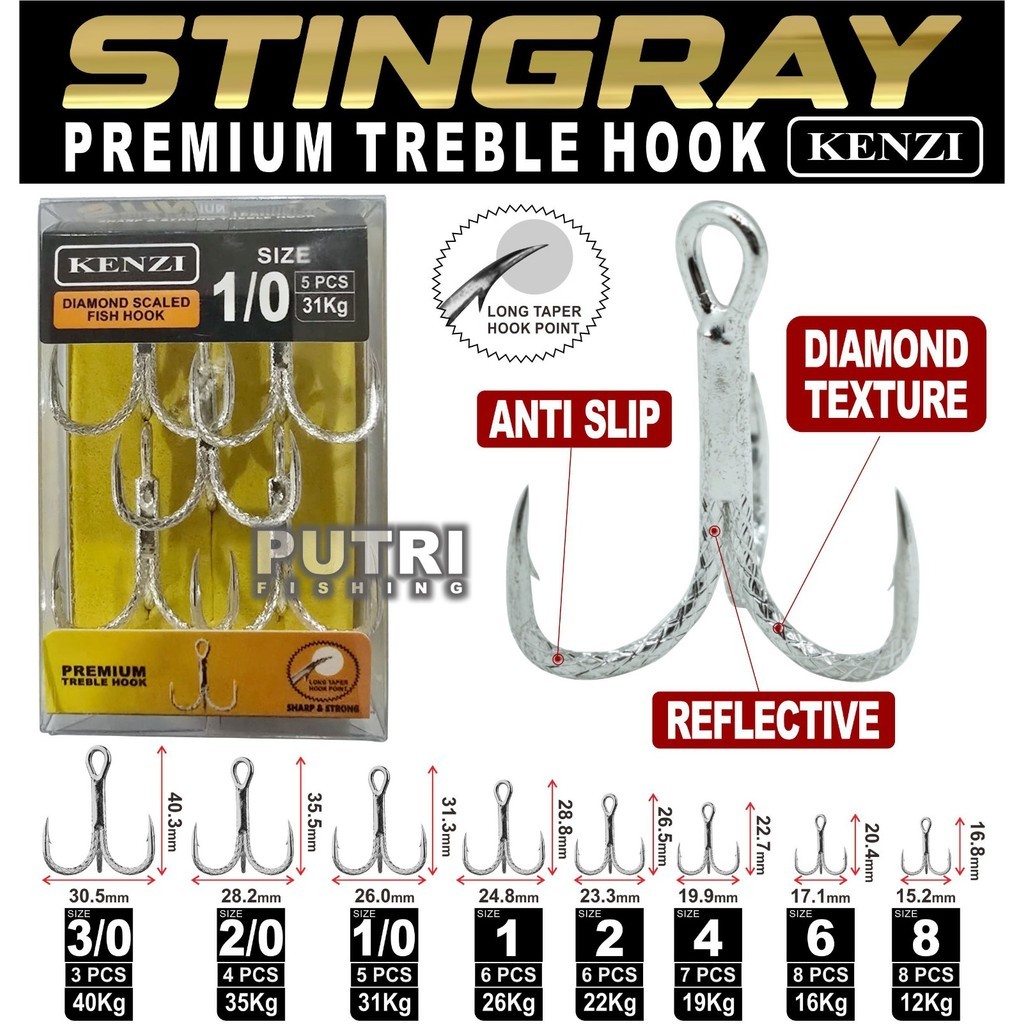MATA KAIL KENZI STINGRAY DIAMOND PREMIUM TREBLE HOOK | Kail Pancing 3 Mata Diamond Texture | Anti Sl
