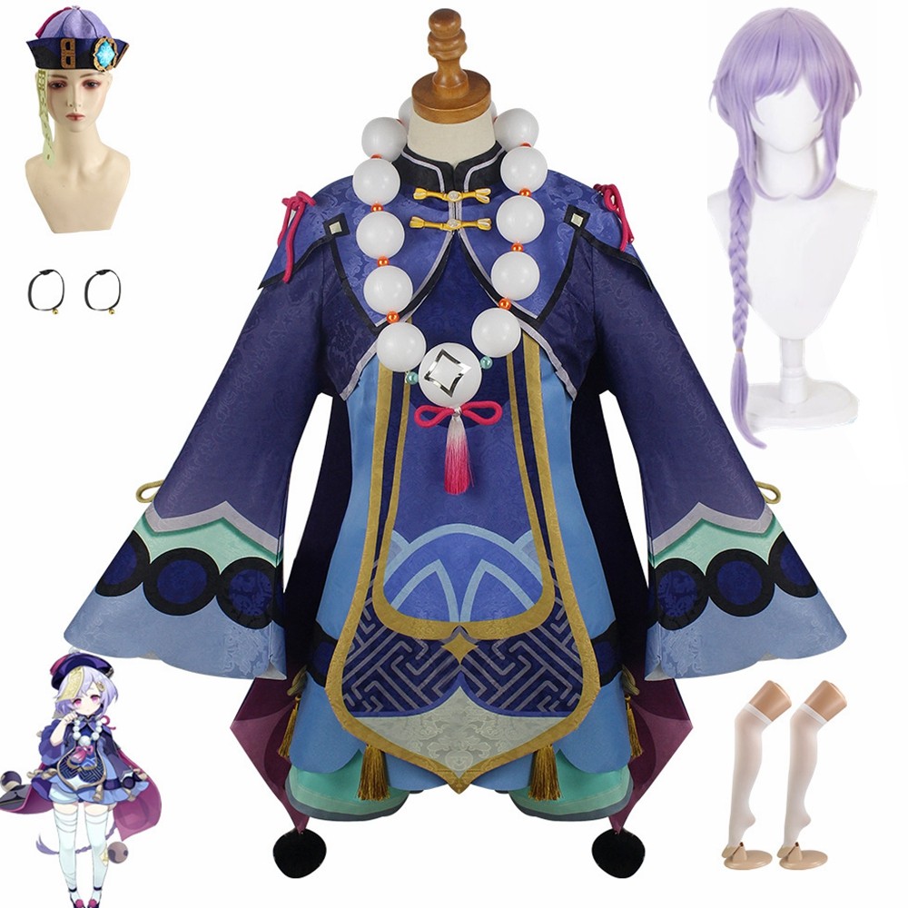 Project Qiqi Cosplay Costume Genshin Impact Zombie Uniform Girl Dress Hat Shoes Anime Wig Halloween 