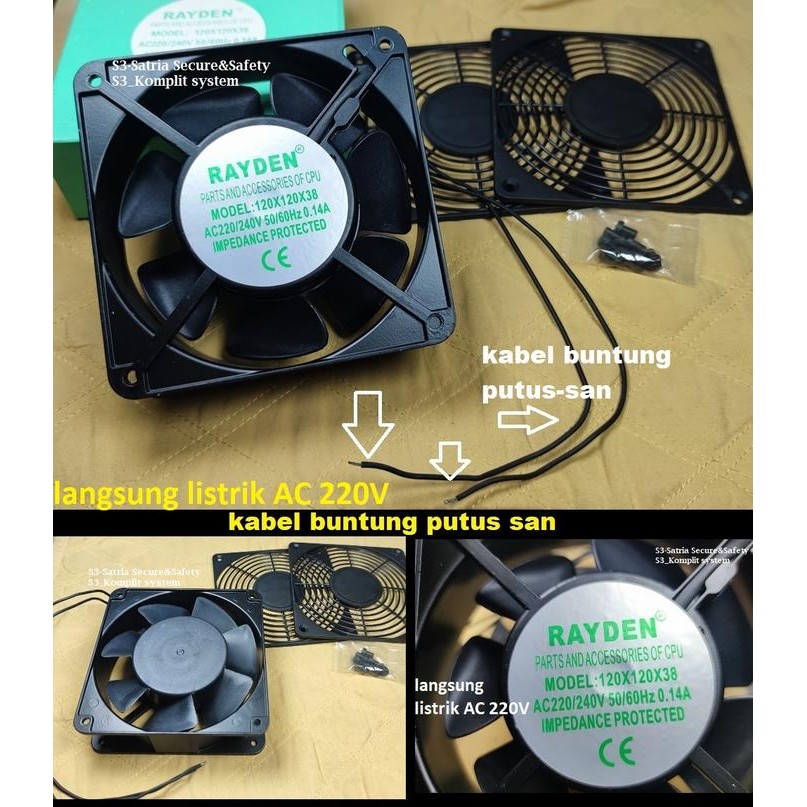 Kabel buntung fan AC 220v cooling kipas 12cm rayden 12 cm 120x120x38