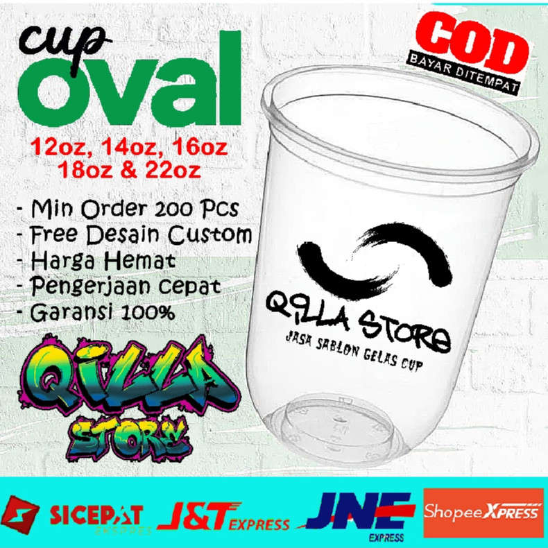 SABLON CUP OVAL 12-14-16-18oz CUSTOM CETAK GELAS PLASTIK CEMBUNG PRINTING KEMASAN MINUMAN KOPI TEH