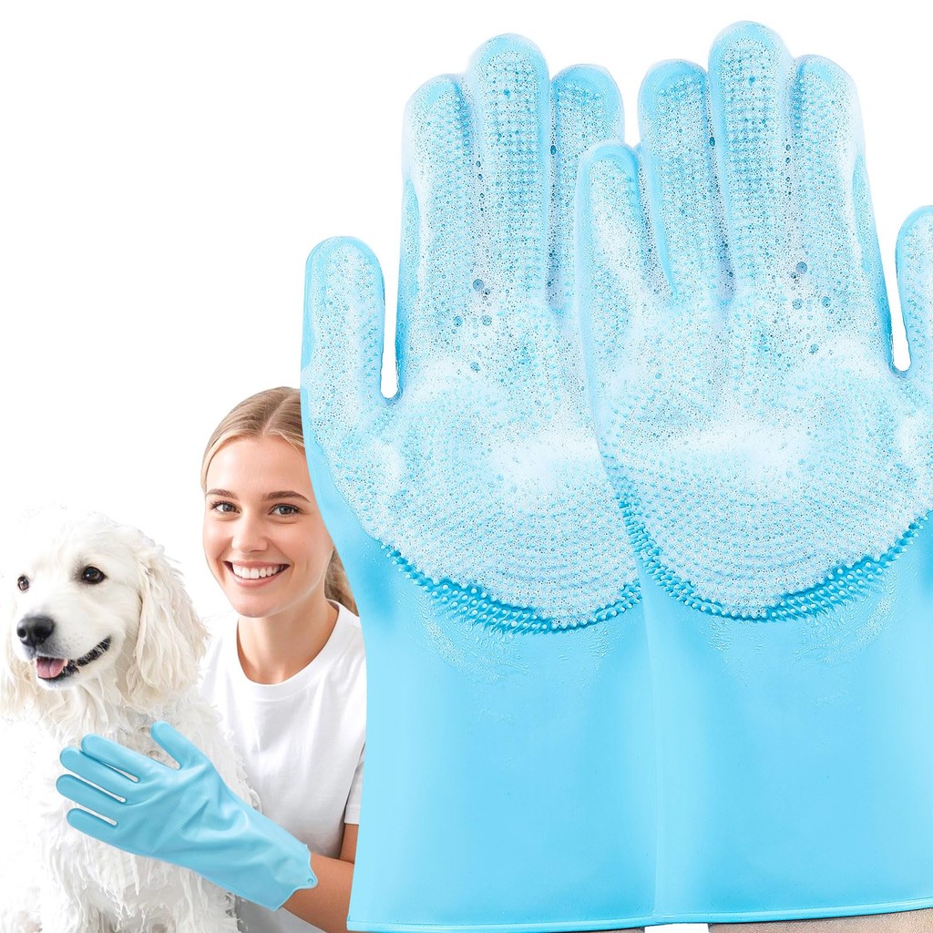 Pet Grooming Gloves Heat Resistant Dog Washing Gloves with High-Density Teeth Silicone Dog Bath Scru