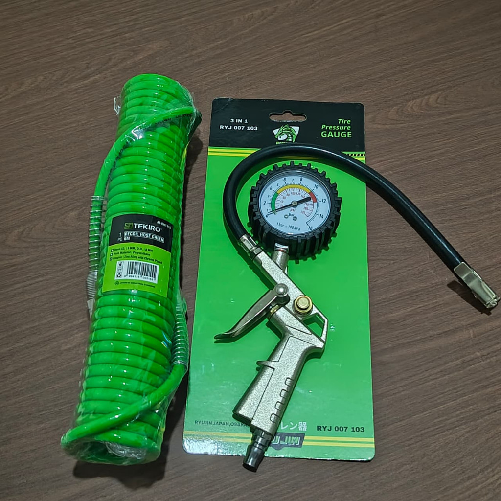 Paket Peralatan Kompresor Tekiro Selang Spiral 6 Meter +  + Inflator Gun 3 In 1 - Tire Pressure Gaug
