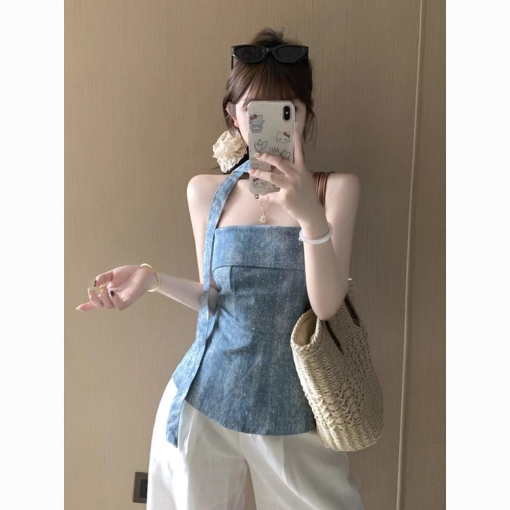 Rompi Tanpa Lengan Denim Berlian Imitasi Wanita