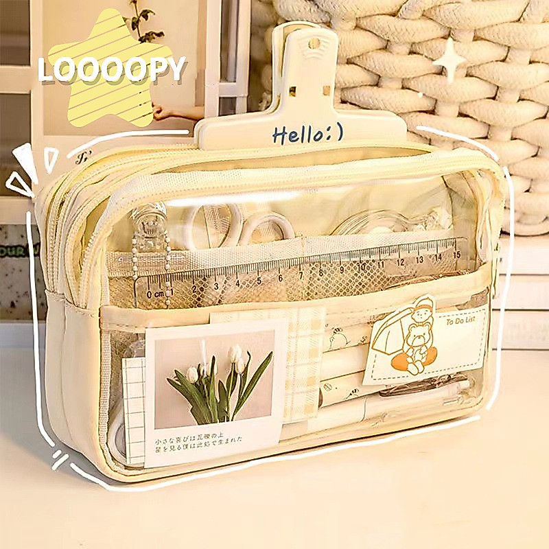 LOOOOPY Kotak Pensil Transparan Aesthetic Pencil Case Large Tempat Pensil Pen Pouch Lucu Stationery 