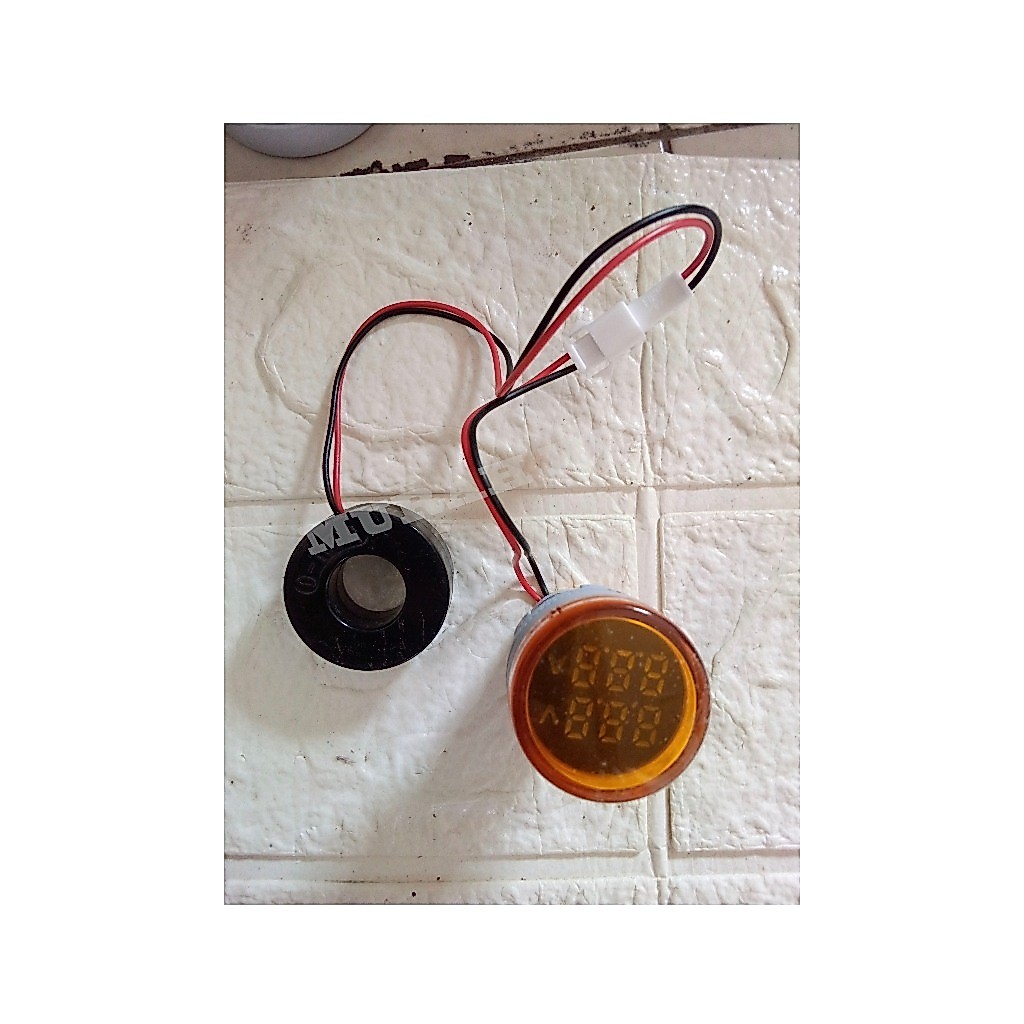 VOLT AMPERE METER DIGITAL PANEL BULAT KECIL 2,2 CM AC 220V+AMPER KUNING