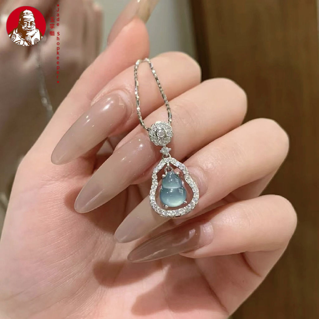 Giok air biru, tatahan perak murni, liontin giok alami, kalung giok labu.