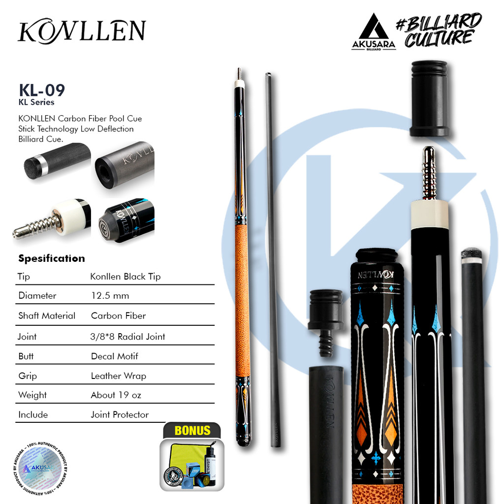 Konllen KL-09F 12.5mm Carbon Fiber Cue Stick Billiard - Soft Case