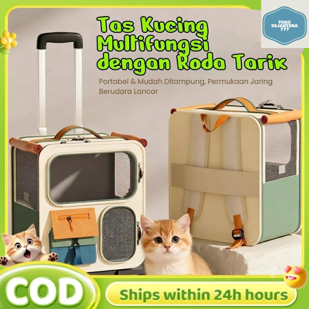 Pet Carrier Portable Ventilasi Udara Untuk Kucing Anjing Kecil Tas Kucing Ransel Trolley Beroda Kapa