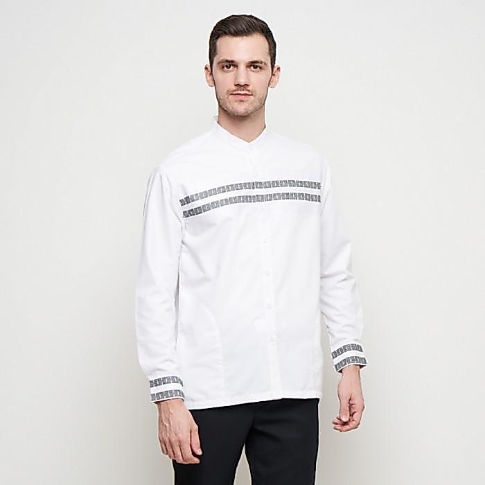 Koko Kerah Shanghai Kemeja Koko Pria Kerah Shanghai Lengan Panjang Warna Putih Bahan Katun Linen Sha