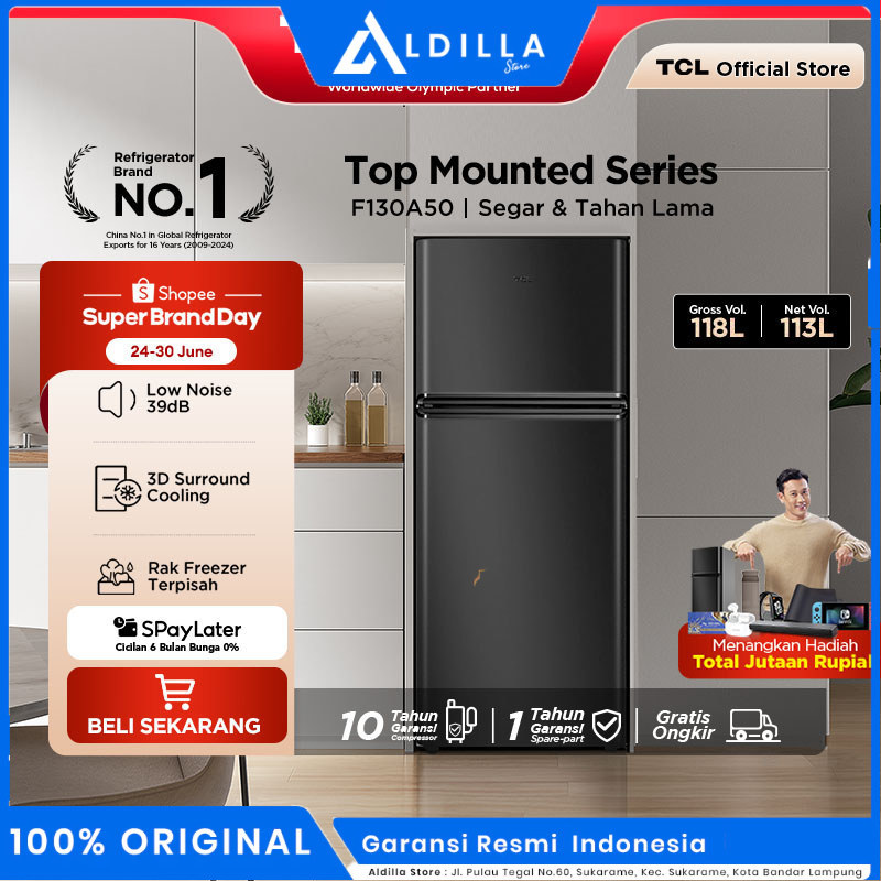 TCL Kulkas 2 Pintu (F130-A50) - Kapasitas 118L - Rak Freezer Terpisah - 3D Surround Cooling - Adjust