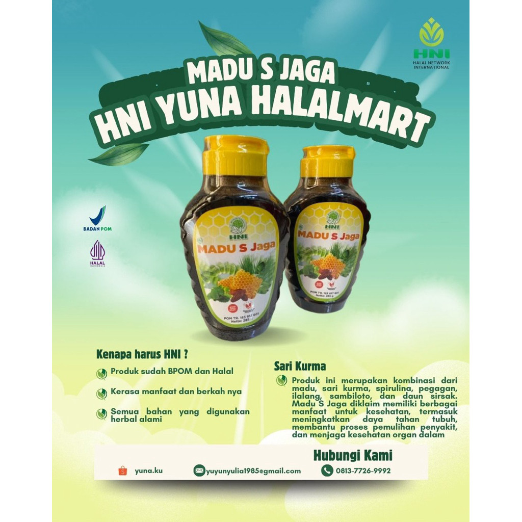 

HNI YUNA HALALMART - MADU S JAGA HNI MADU PREMIUM MENGATASI ASMA SOLUSI KENCING BATU MELANCARKAN AIR SENI MENGHAMBAT PROSES OKSIDASI