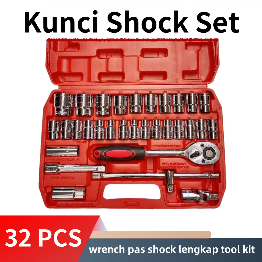 Kunci shock set 1/2”32pcs  socket wrench pas  shock lengkap tool kit Set kunci shock 32pcs lengkap t