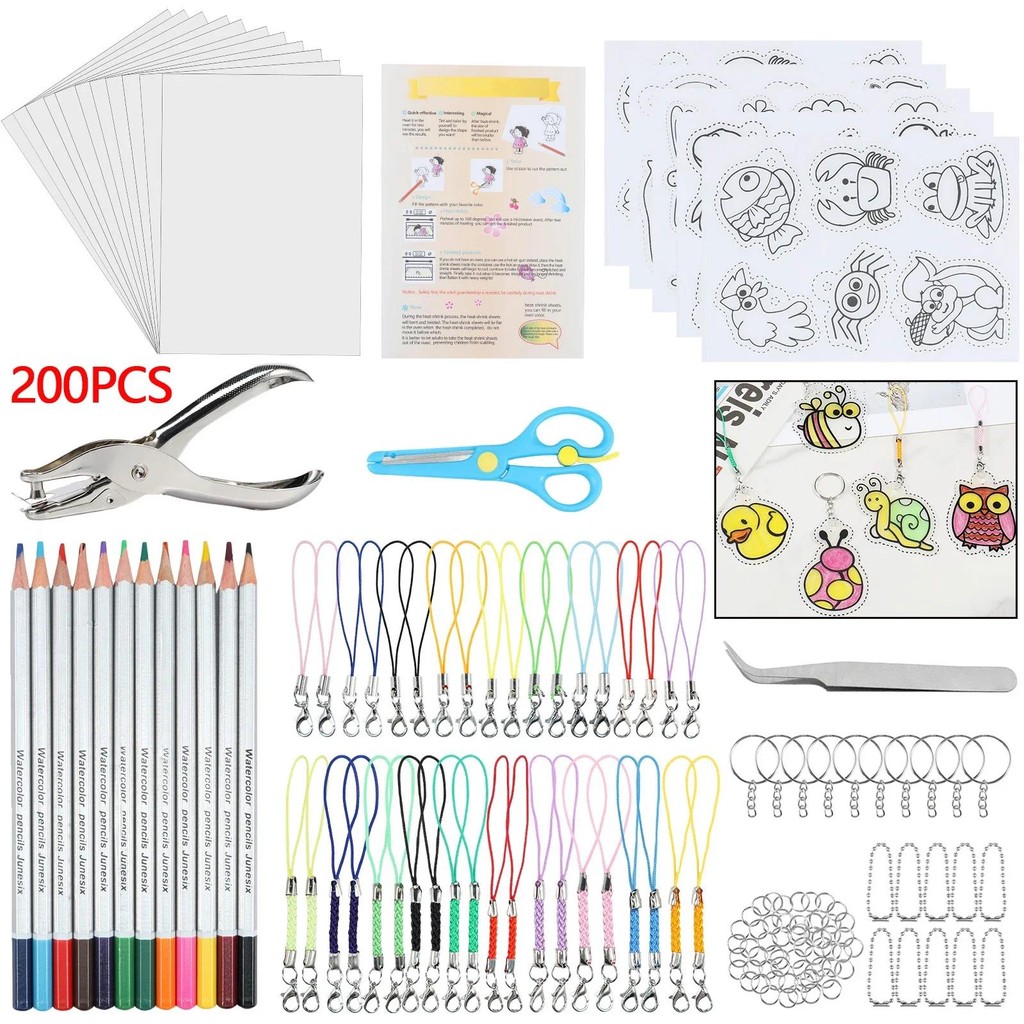 

200Pcs Heat Shrink Plastic Sheet Shrinkles Film Paper Key Rings Kit DIY Handmade Art Shrinking Keychain Crafts Supplies for Gift