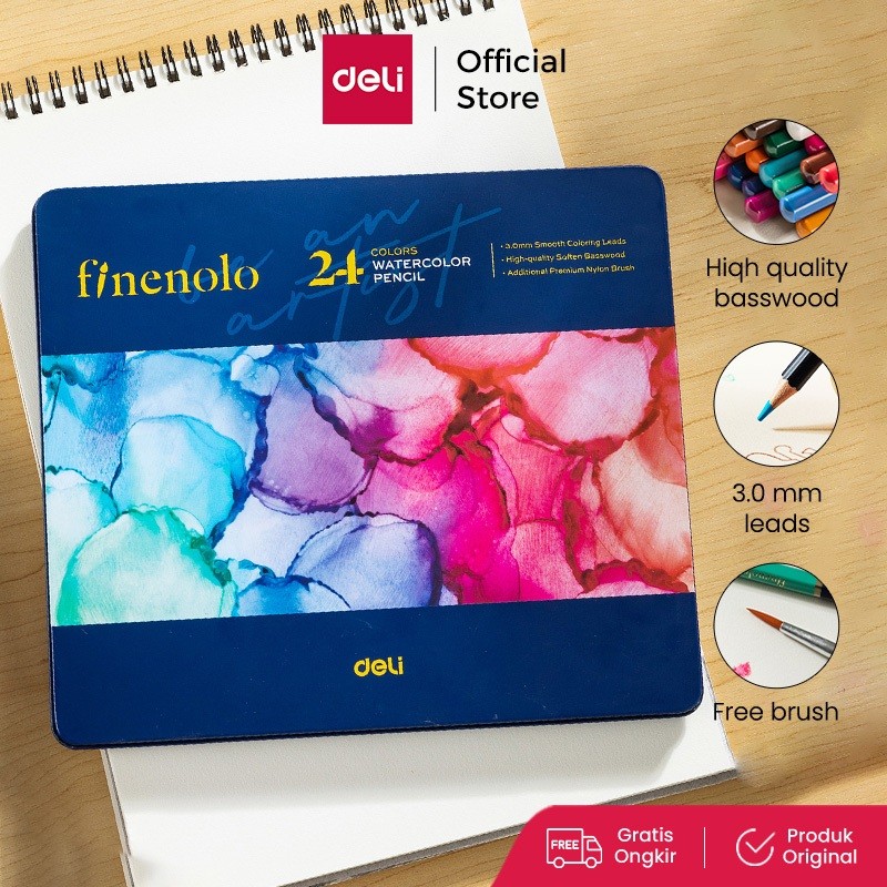 

New Deli Finenolo Premium Watercolor Pencil / Pensil Warna High Grade 3.0mm Leads Gratis Kuas EC129Premium