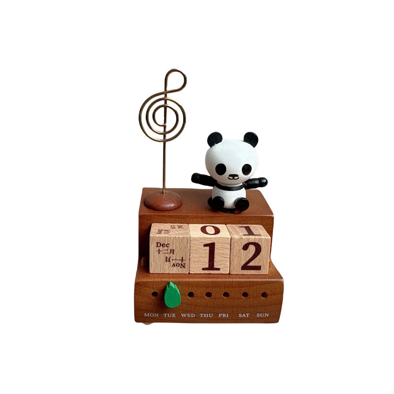 

1pc Panda Calendar Wooden Music Box Wooden Base Office Desktop Memo Clip Calendar Music Box Ornament