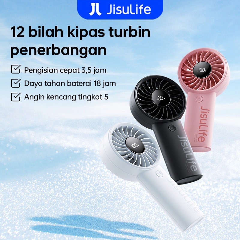 JISULIFE Kipas Angin Kecil 5000mAh yang di cas 12 Bilah Dengan Daya Tahan Baterai 17 Jam Dengan Laya