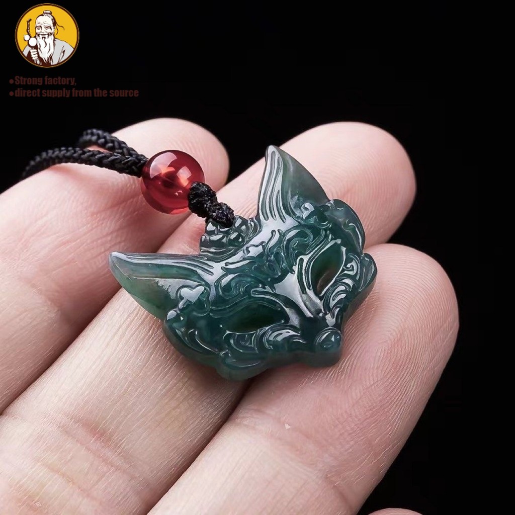 Natural Giok, rubah air biru, liontin topeng rubah ekor sembilan.