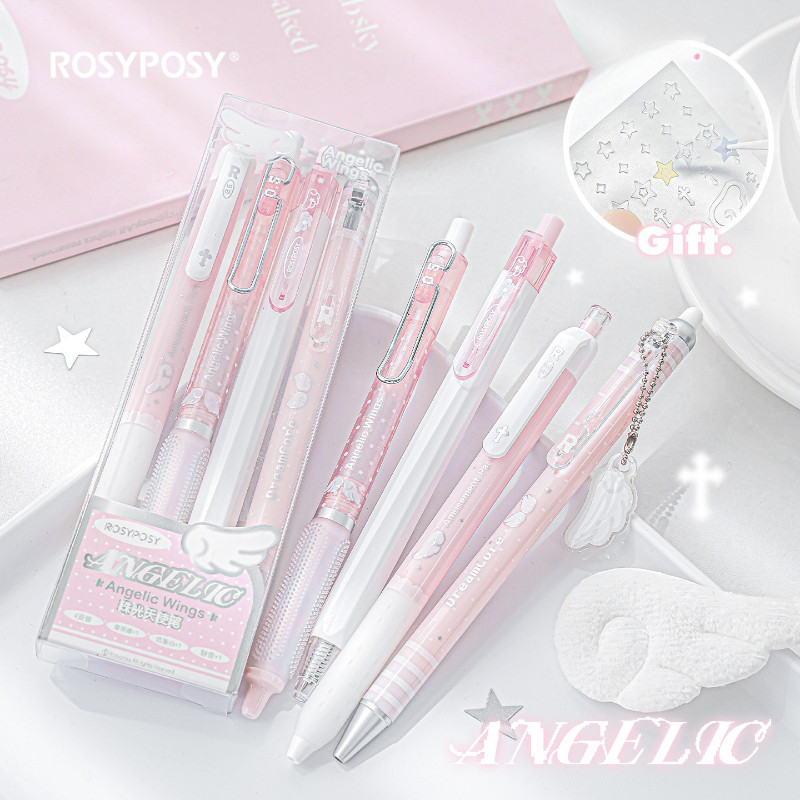 

4pcs/set Pearl Angel Gel Pen Set Cute Exam Pens with Wing Design Kawaii Cartoon 0.5mm Black Ink for Kids Back To School Student