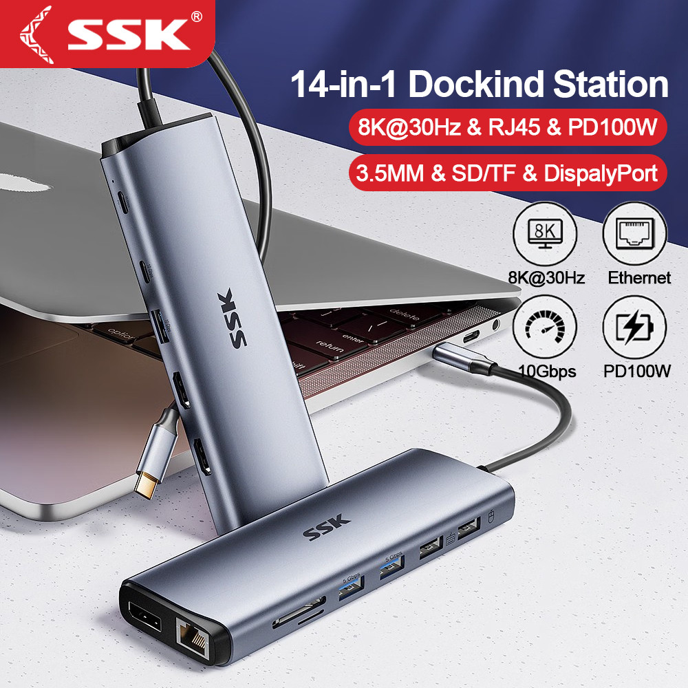 

SSK USB C Dock 10Gbps USB C Hub 10Gbps 8K Dual HDMI Ethernet PD100W Thunderbolt Laptop USB Splitter For Macbook PC Accessories