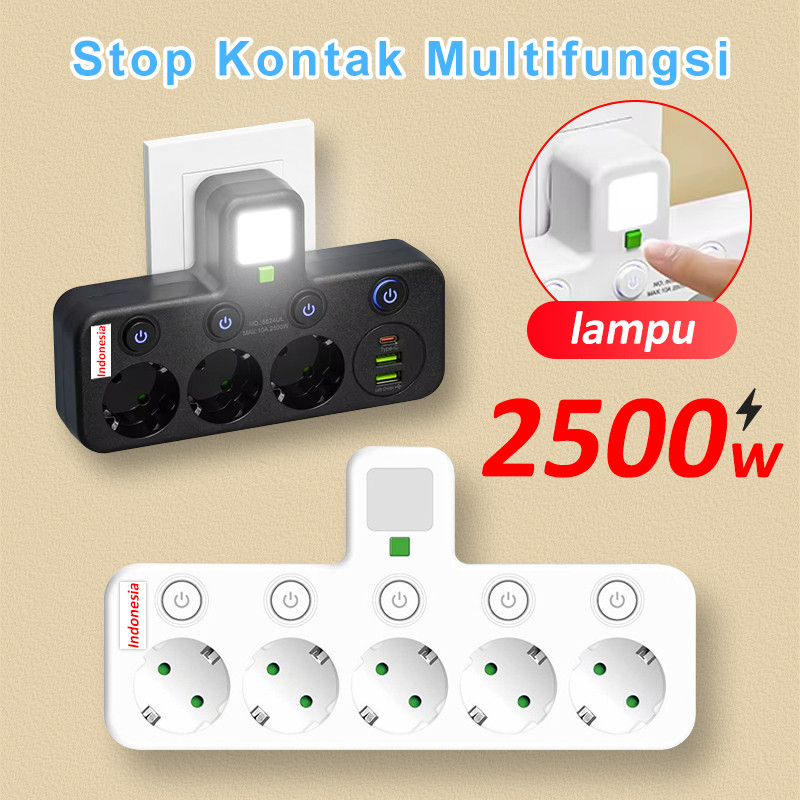 Stop Kontak Multiguna Lamp LED + 5 Port + USB TYPE C - 2500W Tahan Api  Steeker EU Original