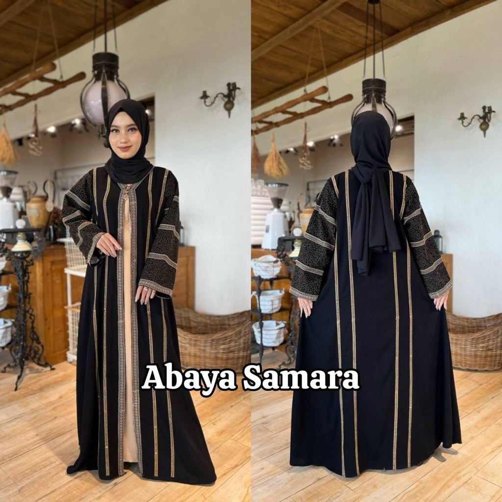 Abaya Mesir Mewah Elegan Inner Outer One Set Gamis Remaja Dewasa Jetblack Premium Muslim Syari - SAM