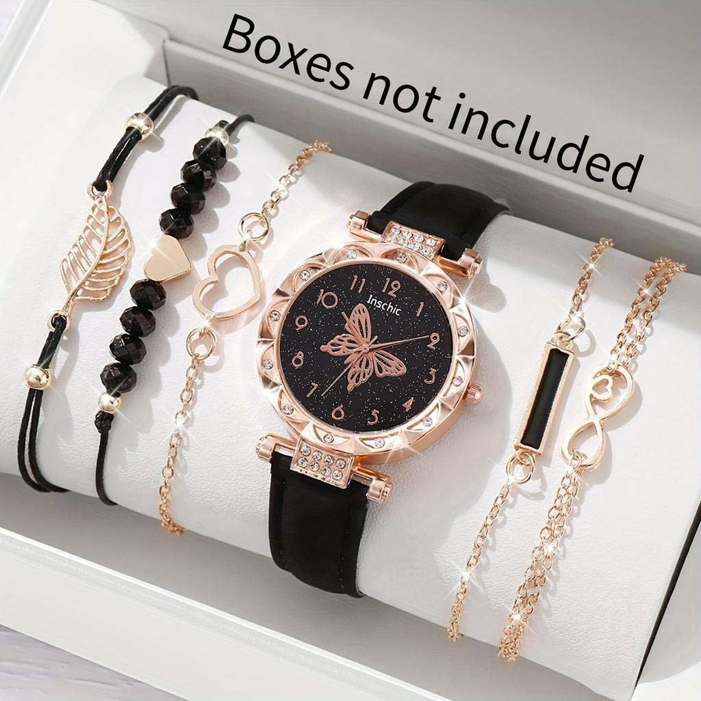 6PCS SET Jam Tangan Kuarsa Wanita Fashion Berlian Cinta Dial Kecil Tali Kulit Jam Tangan Kasual Set 