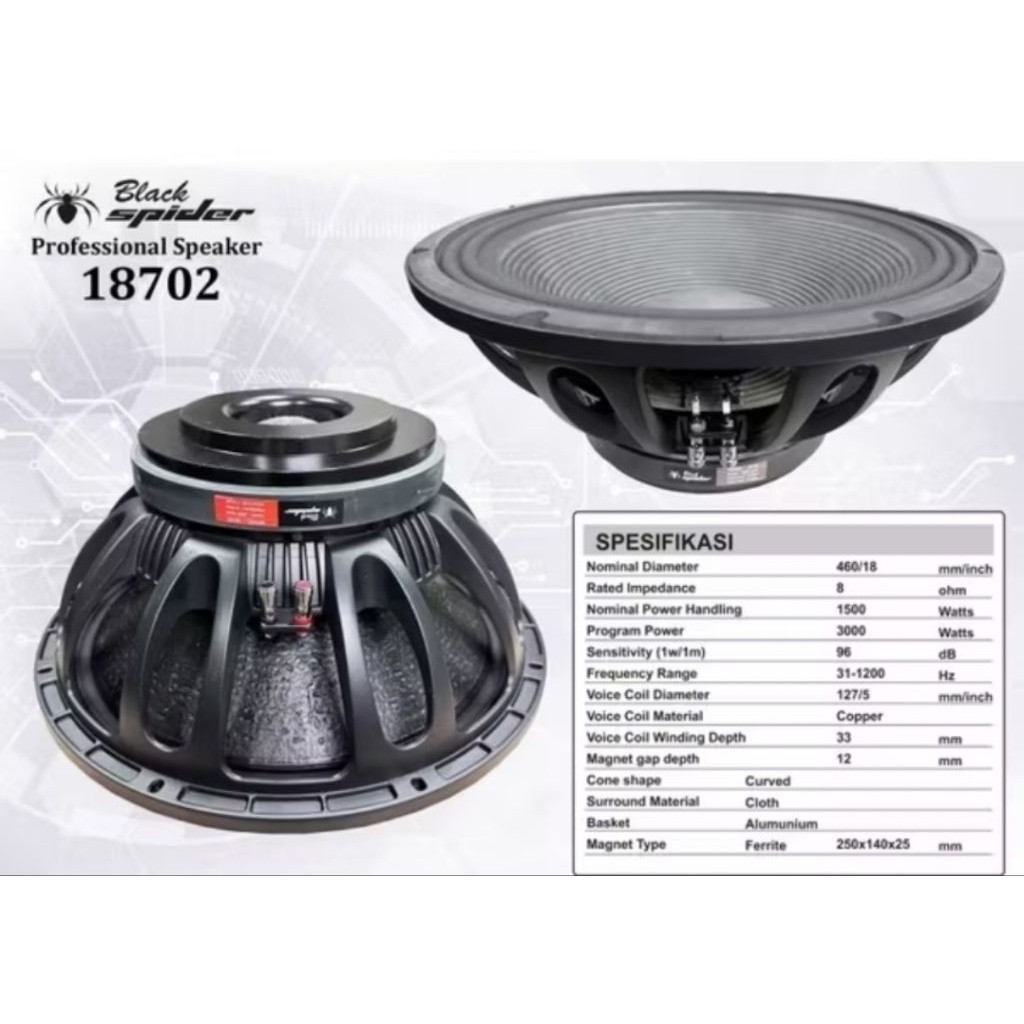 Speaker komponen 18 inch blackspider 18702 subwoofer black spider voice coil 5 inch