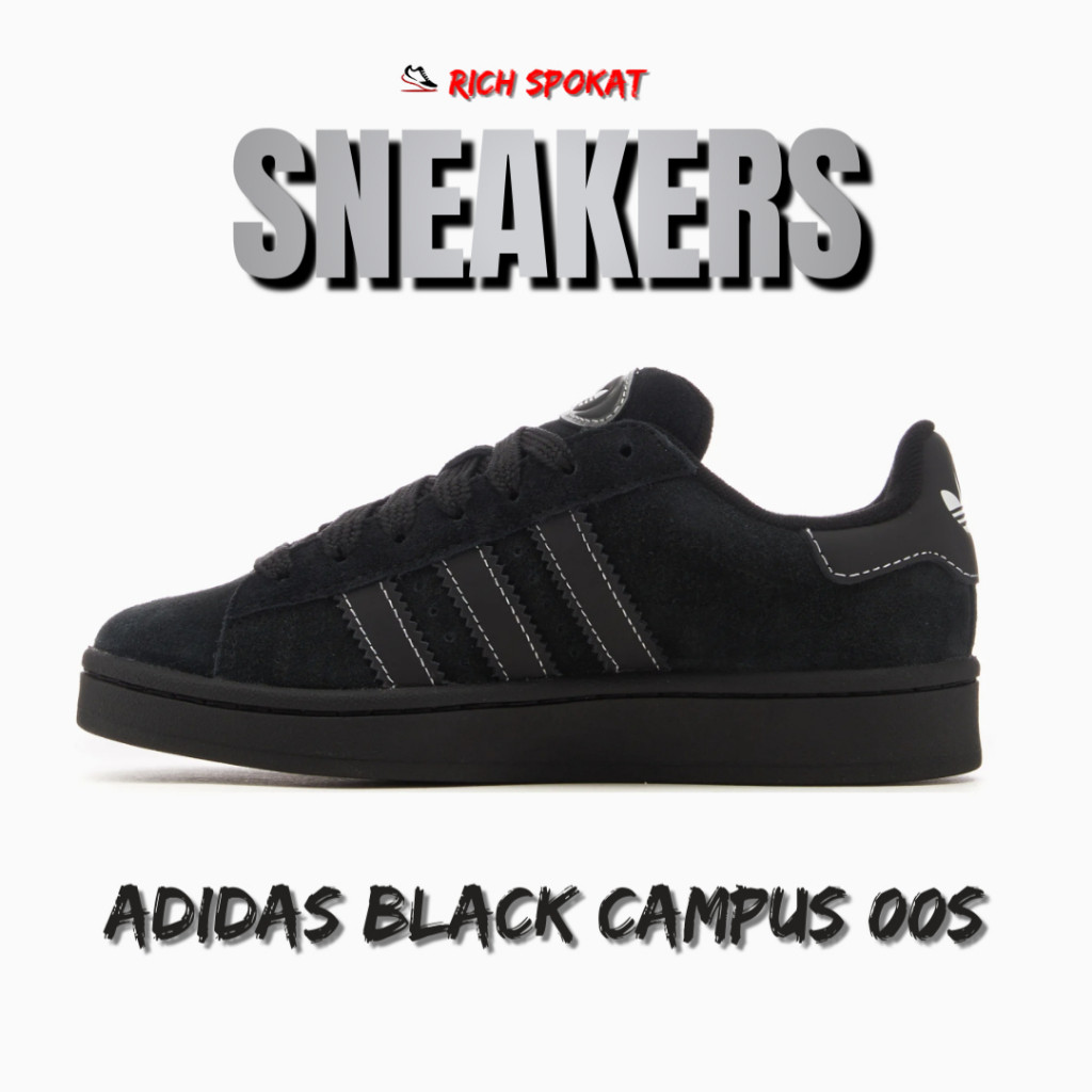 Sepatu Campus Casual Premium Tali Gemuk Pria Wanita Hitam Polos Sepatu Sekolah Full Black Skena Ootd