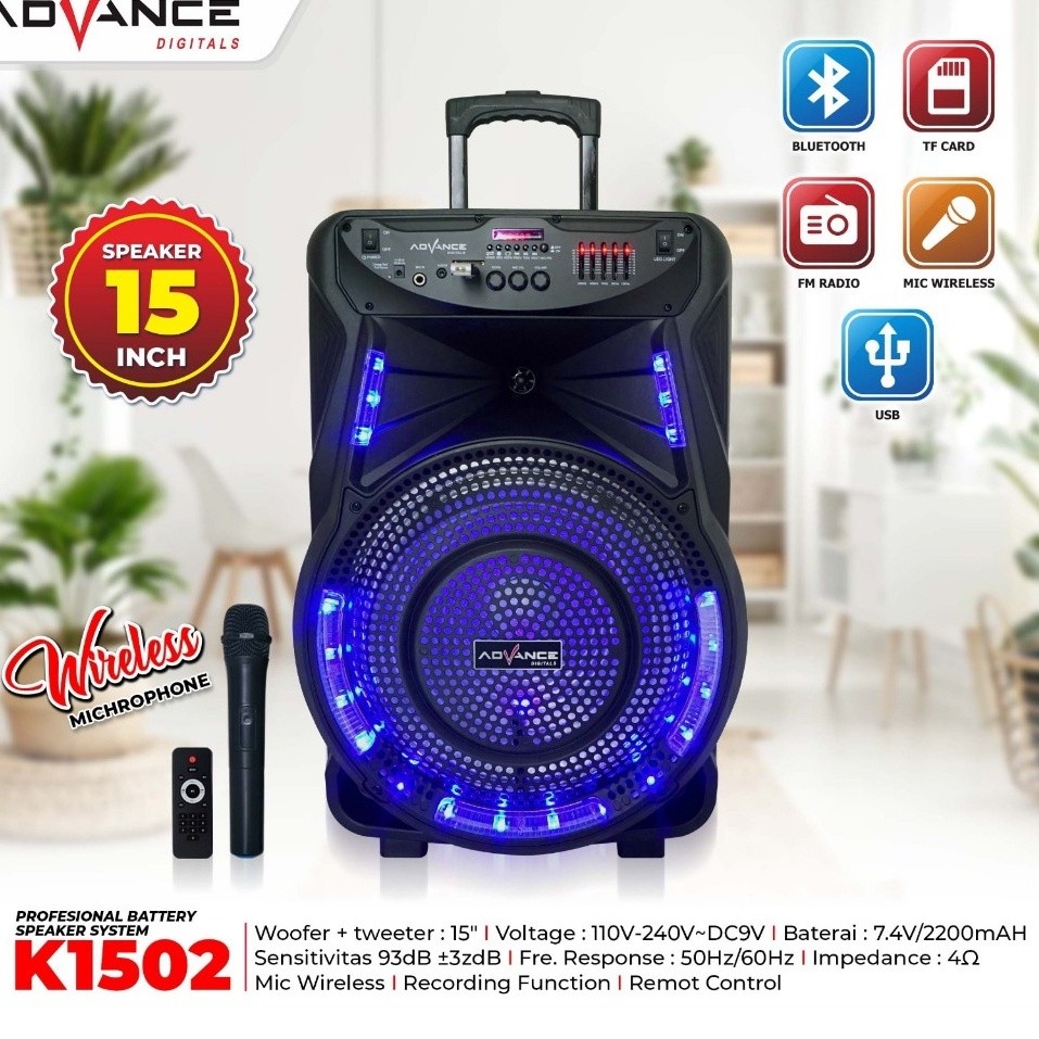 { READY STOCK} SPEAKER BLUETOOTH / SPEAKER ADVANCE METTING K1502 - 15Inch PLUS MIC  WIRELESS ADVANCE