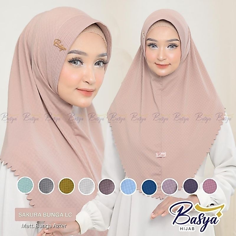 (BASYA) SAKURA PAD LC BUNGA•jilbab instan pet motif•kerudung bergo instan•hijab instan motif jersey 