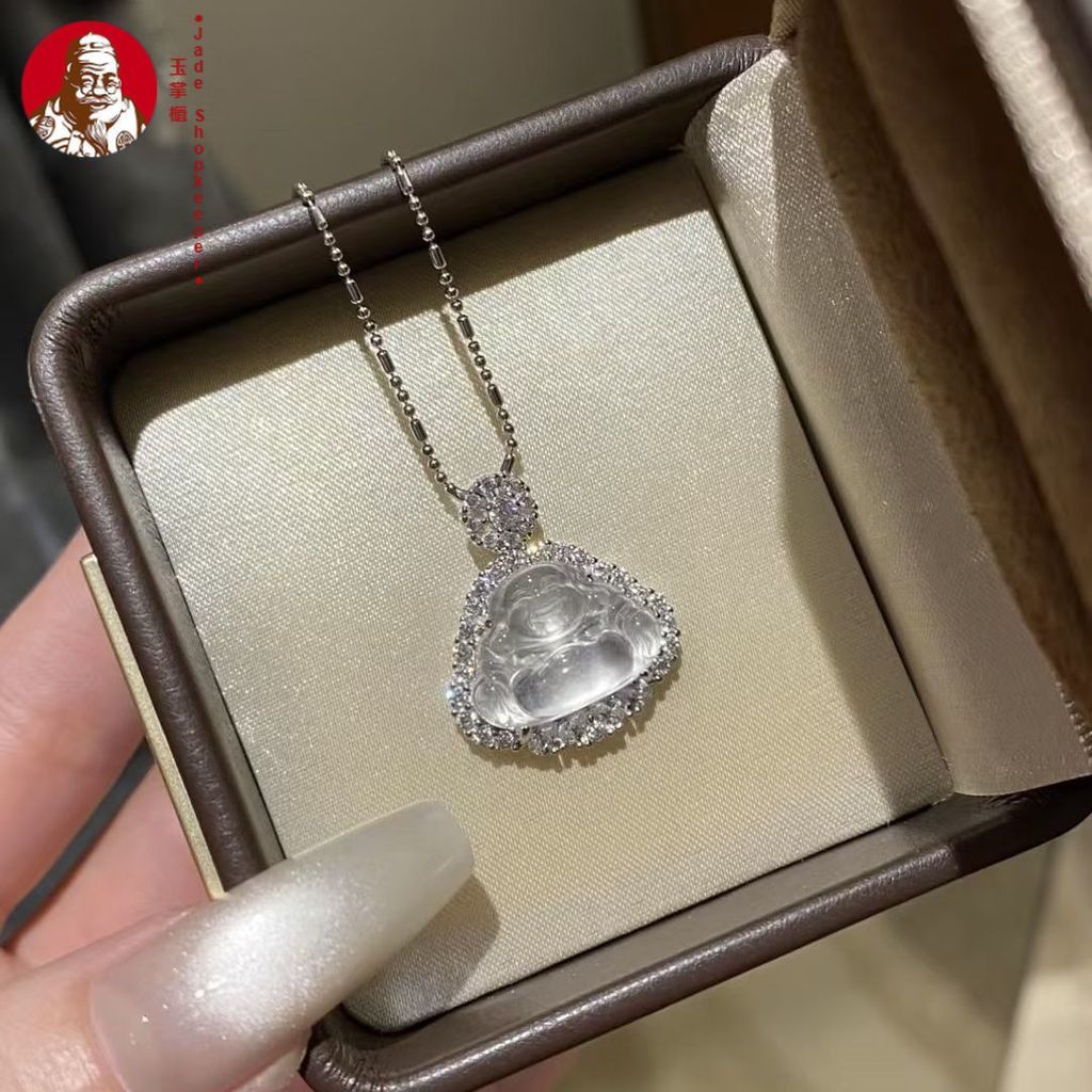 925 tatahan perak sterling, liontin batu giok busa es Buddha Duke, kalung Buddha Maitreya giok giok