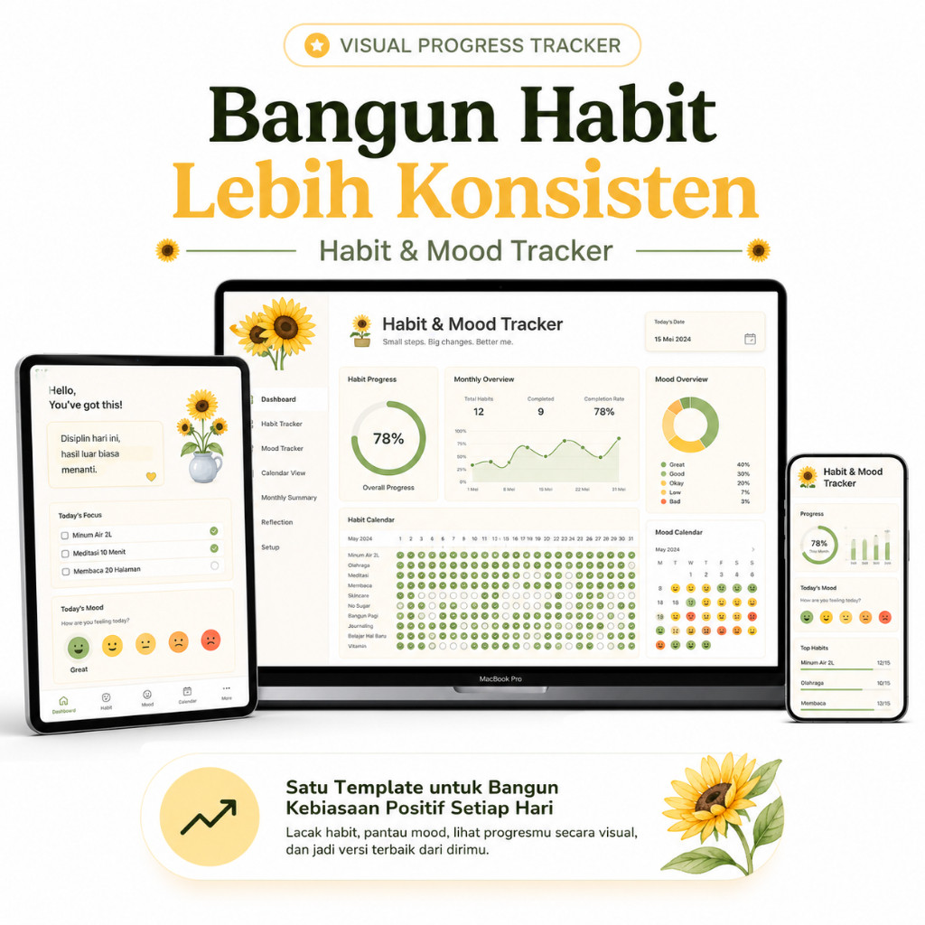 Habit & Mood Tracker SpreadSheets - Template Habit Estetik Sunflower | Progress Tracker & Mood Track