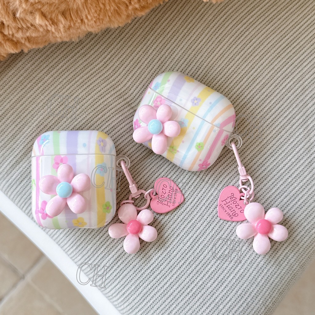 New Macaron Rainbow Vertical Stripe AirPods Bright Face Earphone Case Full Print Mini Small Floral F