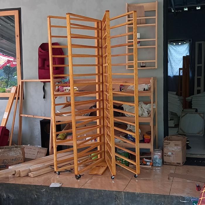 Rak Cellophane Rak Kertas Rak Kayu Lipat - natural kayu, empat baris