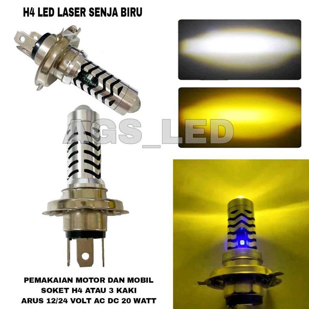 LAMPU UTAMA MOTOR LASER LED H4 AC DC 12/24 VOLT CAHAYA HI LIW KUNING PUTIH / LAMPU UTAMA MOBIL H4 LE