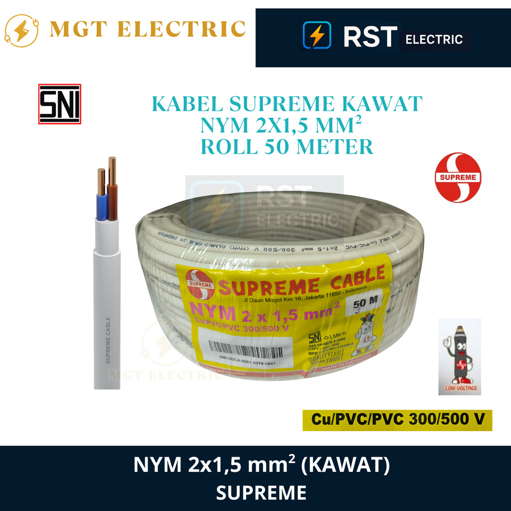 SUPREME NYM 2X1.5 MM ROL 50 METER / KABEL KAWAT PUTIH NYM SUPREME NYM 2X1,5MM ROL 50M / KABEL KAWAT 